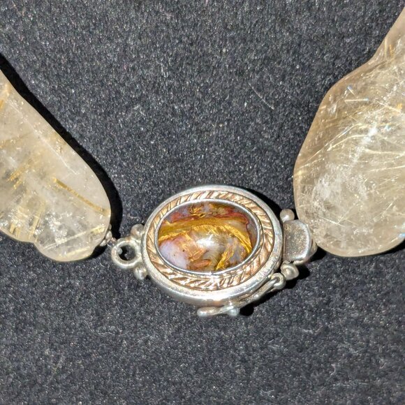 Rutilated Quartz Glass Beaded Ornate Sterling Silver Clasp Statement Necklace - Picture 6 of 7